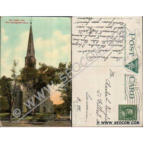 CT New London Postcard first Congregational Church Street Scene w/Troley T~2091