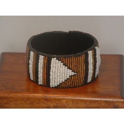 New Women's African Gold & White Beaded Wide Leather Bracelet