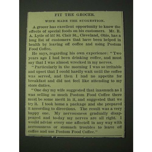 1900 Postum Food Coffee Ad - Fit the grocer. Wife made the suggestion