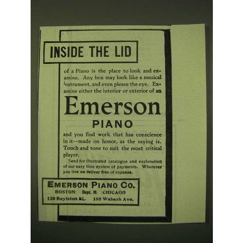 1902 Emerson Piano Ad - Inside the lid