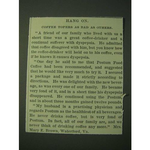 1900 Postum Food Coffee Ad - Hang on. Coffee Topers as bad as others