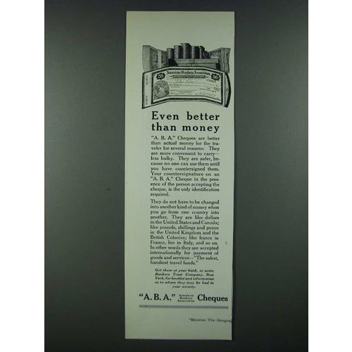 1919 A.B.A. American Bankers Association Cheques Ad - Better Than Money
