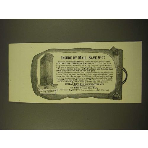 1918 Postal Life Insurance Company Ad - Insure by Mail; Save 9 1/2%