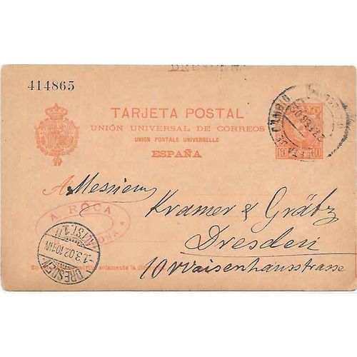 Spain Postal Card 1902 Barcellona to Dresden Germany