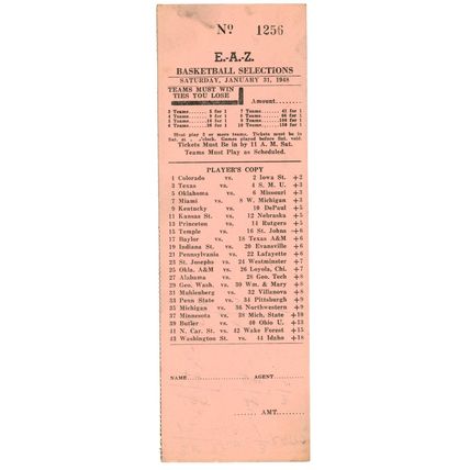 Rare Basketball Betting Slip from January 31, 1948