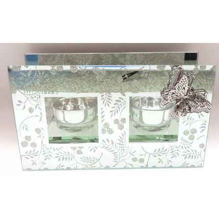 Glitter Leaves Double Tea Light/Votive Holder with Butterfly Detail Glass Gift