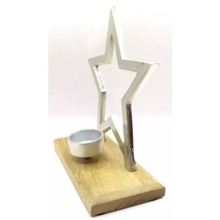 Silver Star Metal Tealight Holder on a Wooden Base 22 CM Gift Home Decor Votive