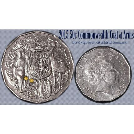 Australia 2015 50c Coat of Arms 'Die Chips around Shield' Variety - Circulated
