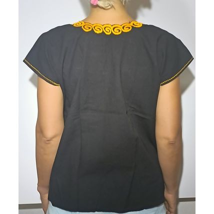 Sunflowers & Calla Lillies Embroidered Cotton Canvas Black Blouse Chiapas Mexico