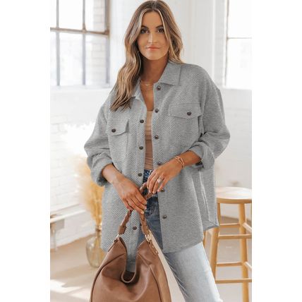 Gray Solid Textured Flap Pocket Buttoned Shacket