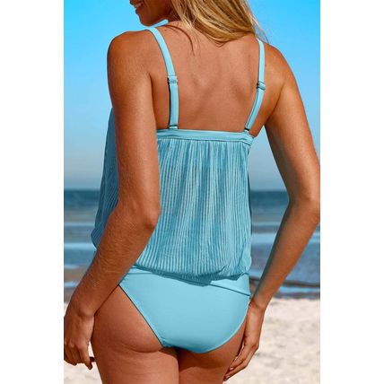 Turquoise Striped Mesh Knotted Hem Tankini Swimsuit