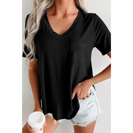 Black V Neck Pocketed Rounded Hem Tee