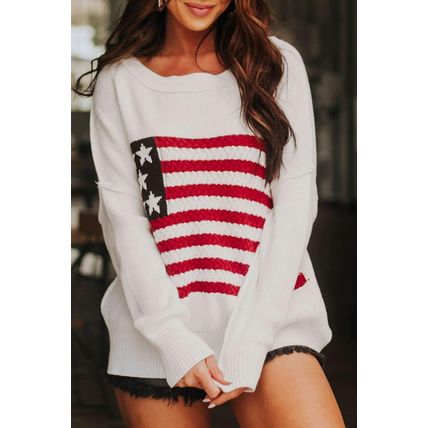 White American Flag Cable Knit Drop Shoulder Sweater
