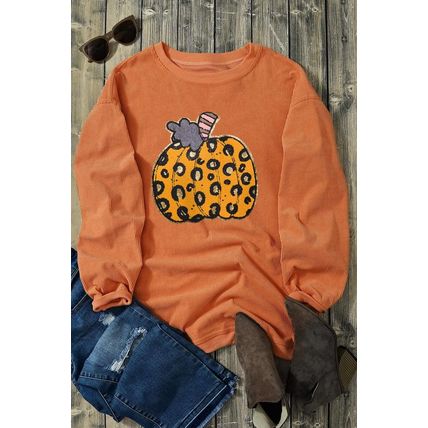 Orange Halloween Leopard Pumpkin Patchwork Ribbed Sweatshirt