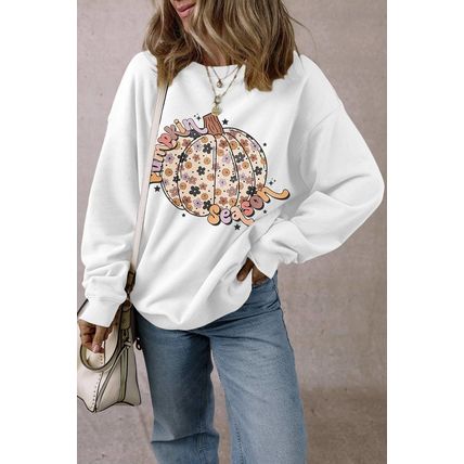 White Floral Pumpkin Season Graphic Loose Sweatshirt