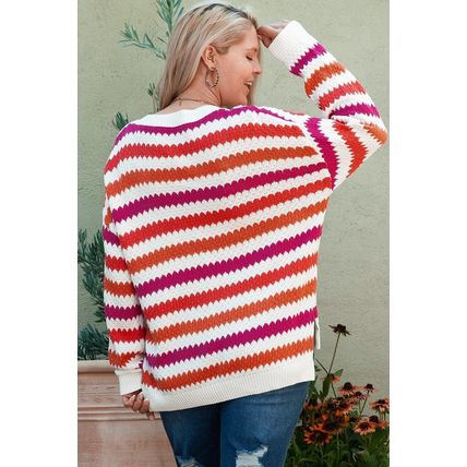 Pink Stripe V Neck Drop Shoulder Plus Size Sweater