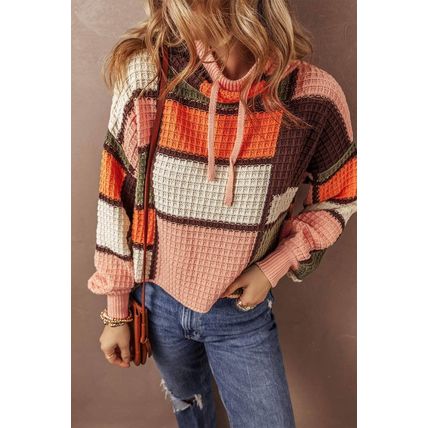 Orange Color Block Waffle Knit Drawstring Mock Neck Sweater
