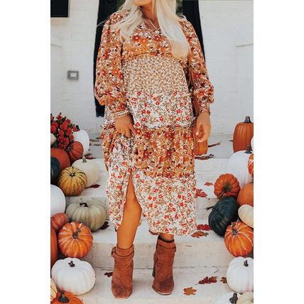 Khaki Plus Size Floral Tiered Ruffle Maxi Dress
