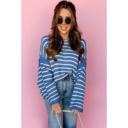 Sky Blue Stripe Drop Shoulder O Neck Plus Size Sweater