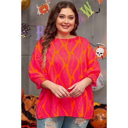 Rose Leafy Printed Smocked Lantern Sleeve Plus Size Blouse