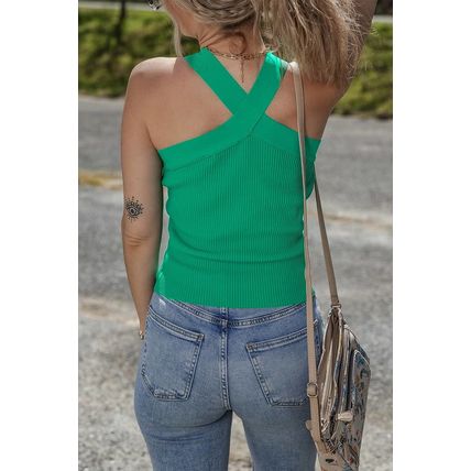 Dark Green Ribbed Criss Cross Halter Neck Sheath Sweater Tank Top