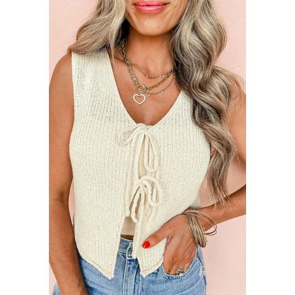 Beige Lace-up Front V Neck Sweater Vest