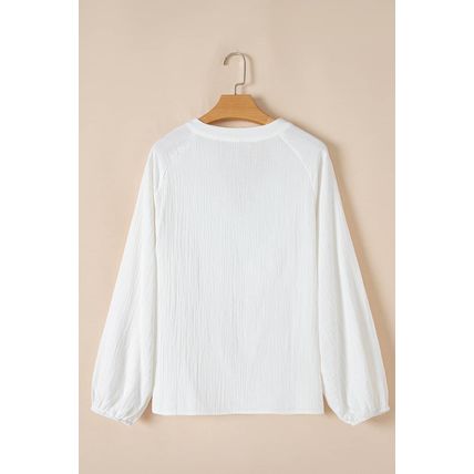 White Paisley Embroidered Textured Split Neck Long Puff Sleeve Blouse