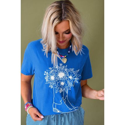 Blue Sunflower Boots Graphic Western Fashion T Shirt