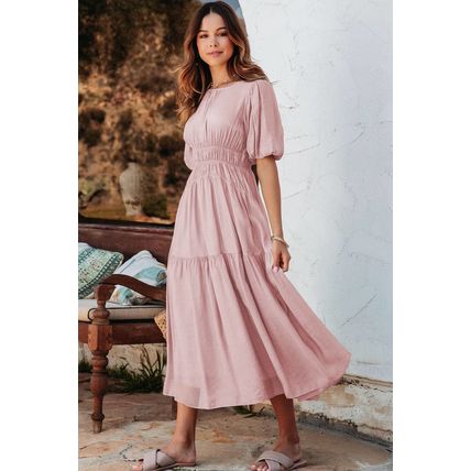 Pink Puff Sleeve Pleated High Waist Flowy Midi Dress