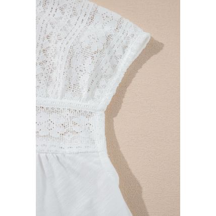 White Hollowed Lace Patchwork Square Neck Short Sleeve Blouse