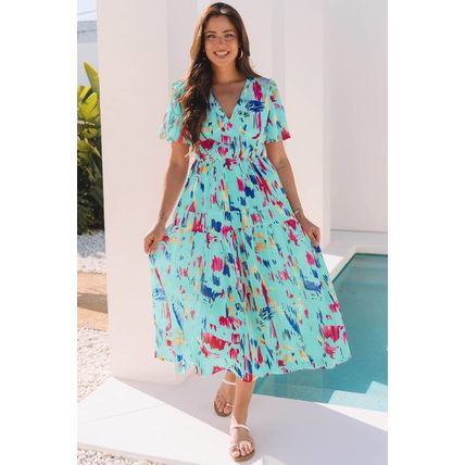 Sky Blue Abstract Print Short Puff Sleeve Tiered Maxi Dress