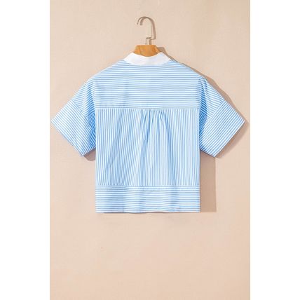 Sky Blue Stripe Contrast Collar Patchwork Hidden Button Short Sleeve Summer Shir