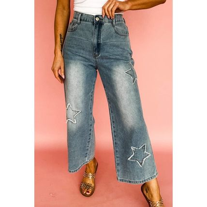 Stone Blue Star Patchwork Cropped Wide Leg High Waist Jeans