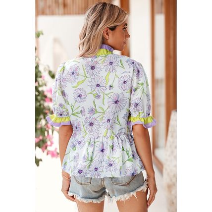Purple Floral Print Striped Detail Split Neck Flounce Short Sleeve Peplum Blouse