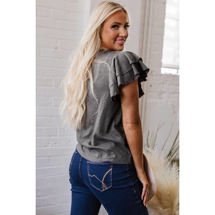 Dark Grey Sequin Turquoise Pattern Ruffle Sleeve Cowgirl Tee