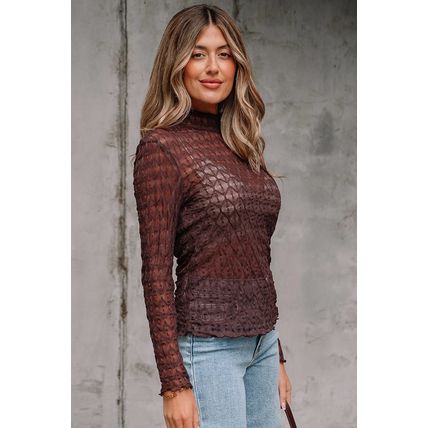 Coffee Sheer Mesh Patterned Lettuce Trim Slim Long Sleeve Top