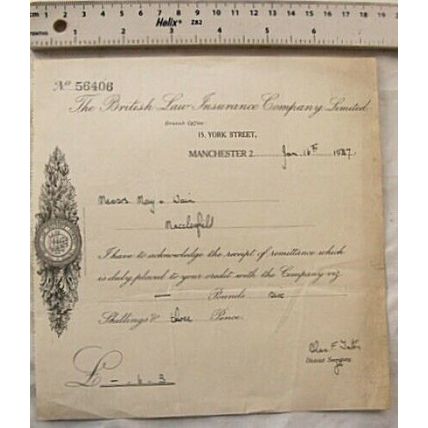 1937 receipt British Law Insurance Co., Manchester