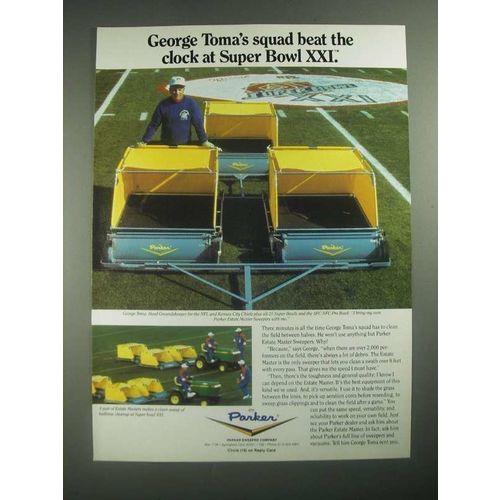 1987 Parker Estate Master Sweepers Ad - George Toma Groundskeeper NFL Super Bowl