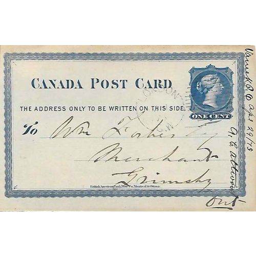Canada Postal Card, Varnnerk P.O. London Ontario to Grimsby ONT 1875
