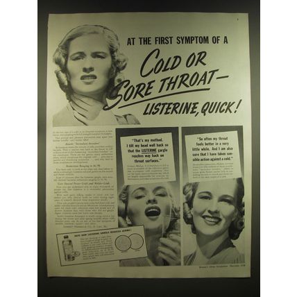 1939 Listerine Antiseptic Ad - At the first symptom of a cold or sore throat