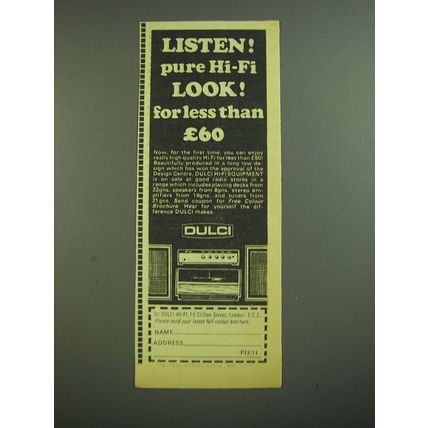 1968 Dulci Hi-Fi Equipment Ad - Listen! Pure Hi-Fi Look! For less than £60