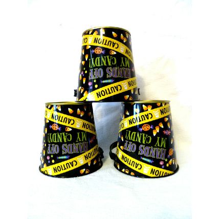 12 SMALL HANDS OFF MY CANDY CAUTION TAPE HALLOWEEN METAL TREAT BUCKETS