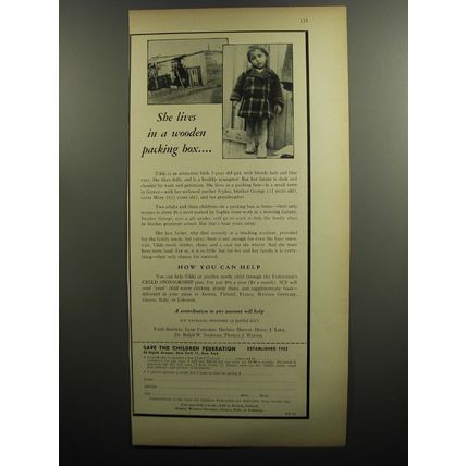 1952 Save the Children Federation Ad - She lives in a wooden packing box