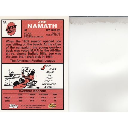 JOE NAMATH 1996 AUTOGRAPHED NEW YORK JETS HOF SUPER BOWL III CHAMPION QUARTERBAK