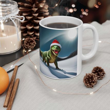 Personalized Dinosaur Raptor Rocks Christmas Santa Red Hat Ceramic Mug 11oz Desi