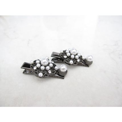 2 small dark silver metal pearl and crystal filigree hair clip for fine thin