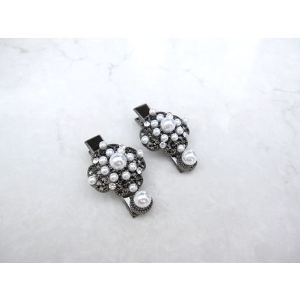 2 small dark silver metal pearl and crystal filigree hair clip for fine thin
