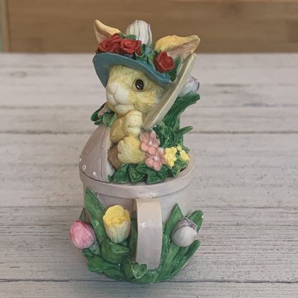 Vintage Bunny Rabbit Watering Can Lidded Trinket Box Tulips Roses Sun Bonnet Hat