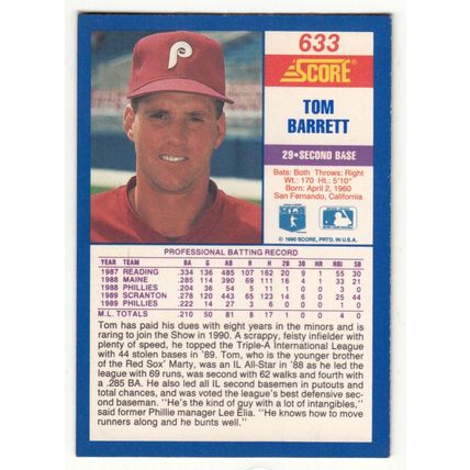 1990 Score Tom Barrett rookie RC baseball card #633 – Error variation