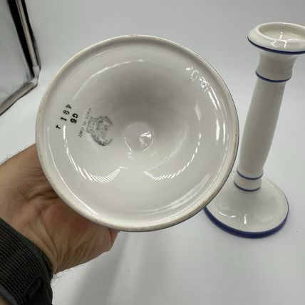 VTG Este Ceramiche Pottery Italy Ceramic candle holders 8.5” White & Blue # 491